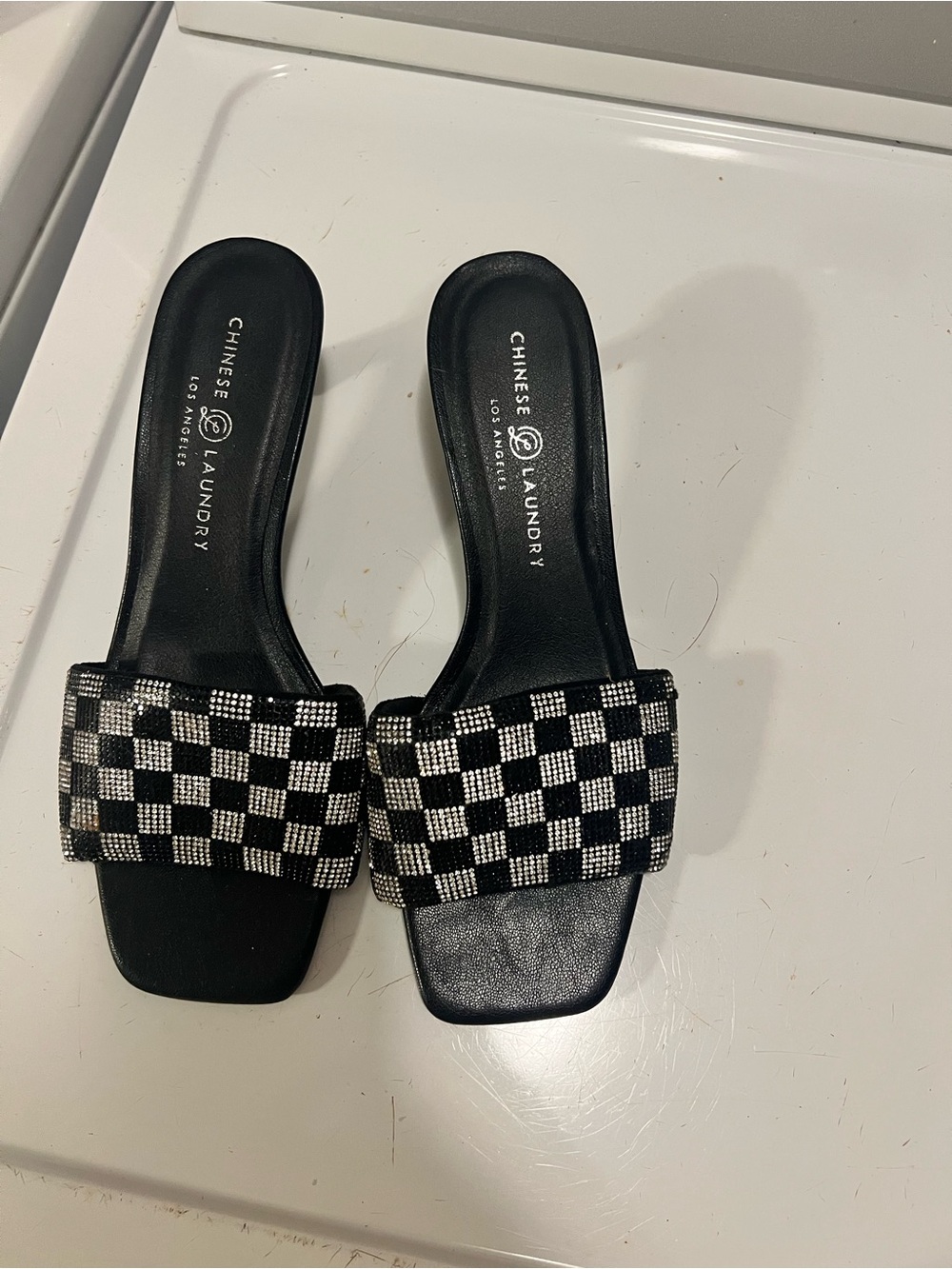 Chinese Laundry Black & White Checkered Slide Mules